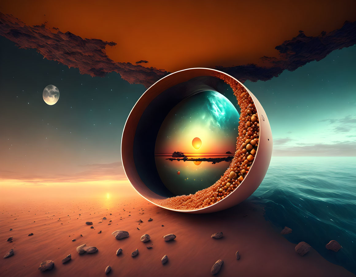 Surreal landscape with reflective sphere, sunset, water, desert, twilight sky, and distant moon