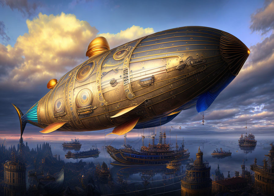 Intricate Steampunk Airships Over Ornate Cityscape at Sunset