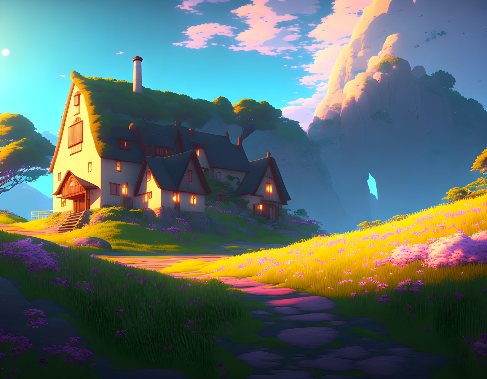 Tranquil digital artwork of village in meadow at sunset