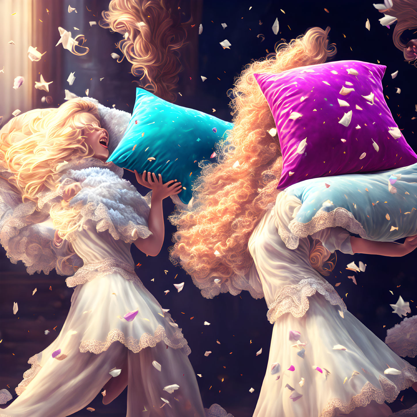 Angels in pillow fight with feathers and glowing ambiance