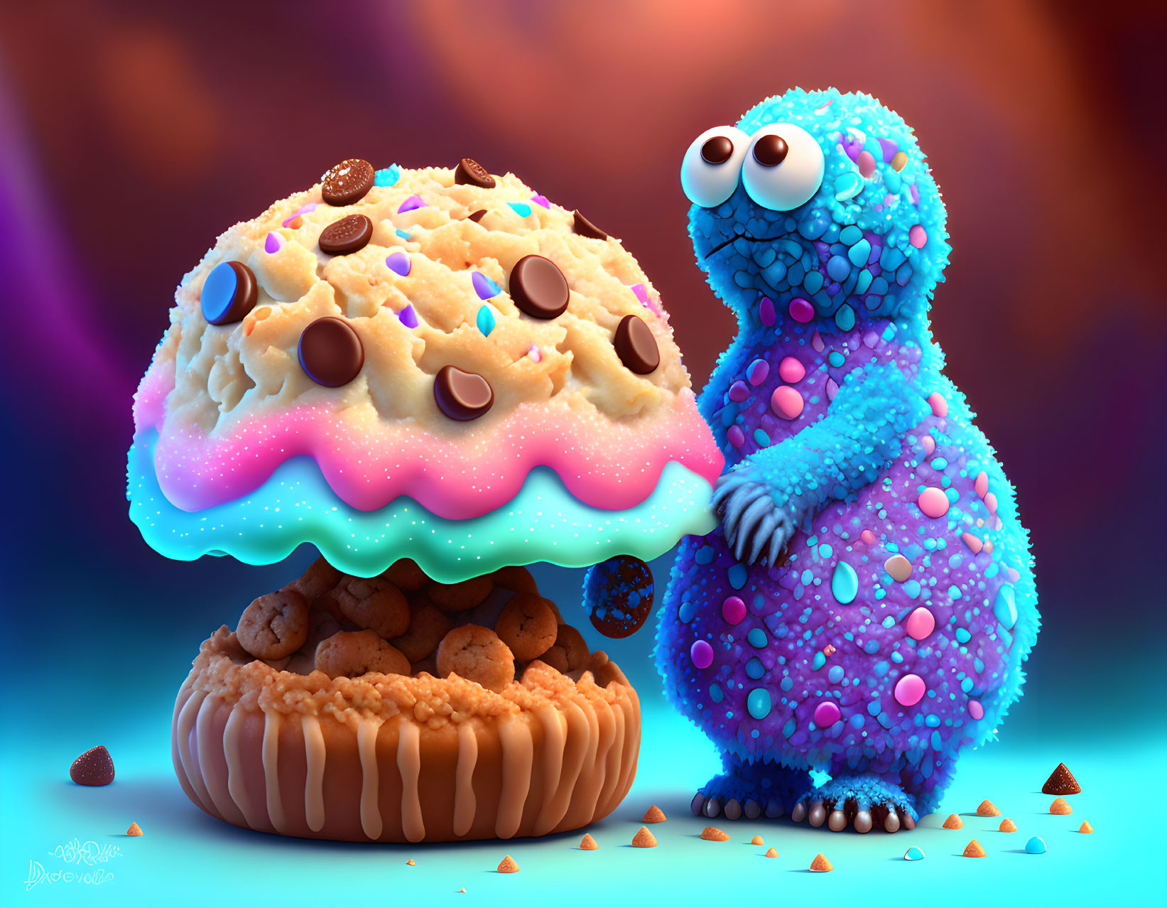 Colorful Creature Longingly Gazes at Giant Dessert