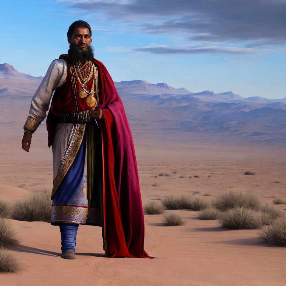 Regal man in historical costume with beard in desert setting