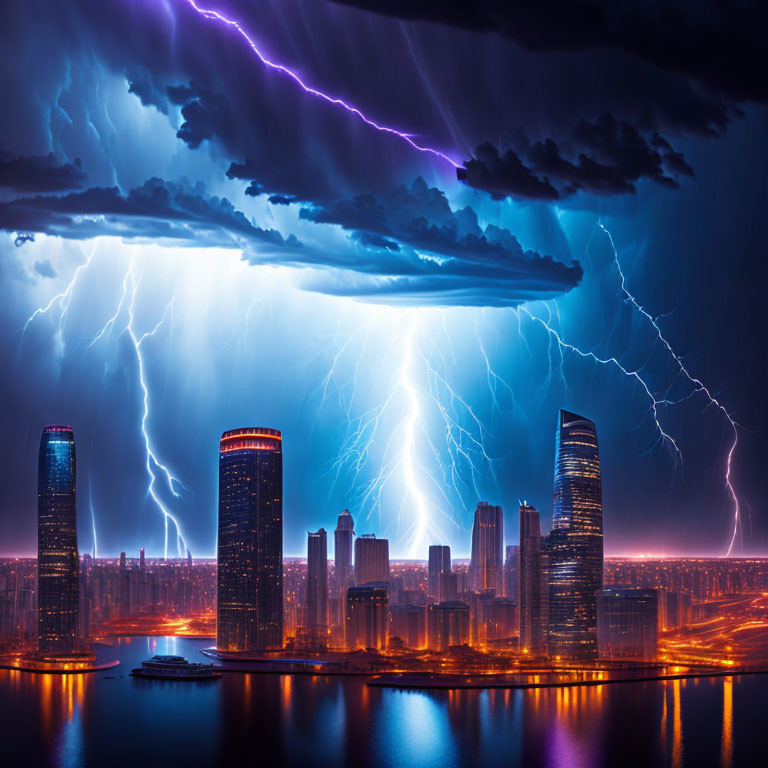 Night city skyline with illuminated skyscrapers during thunderstorm.