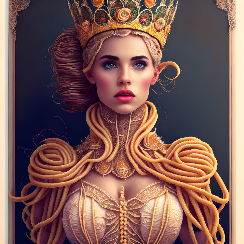 Regal woman with blue eyes, gold crown, and intricate hairstyle on dark background.