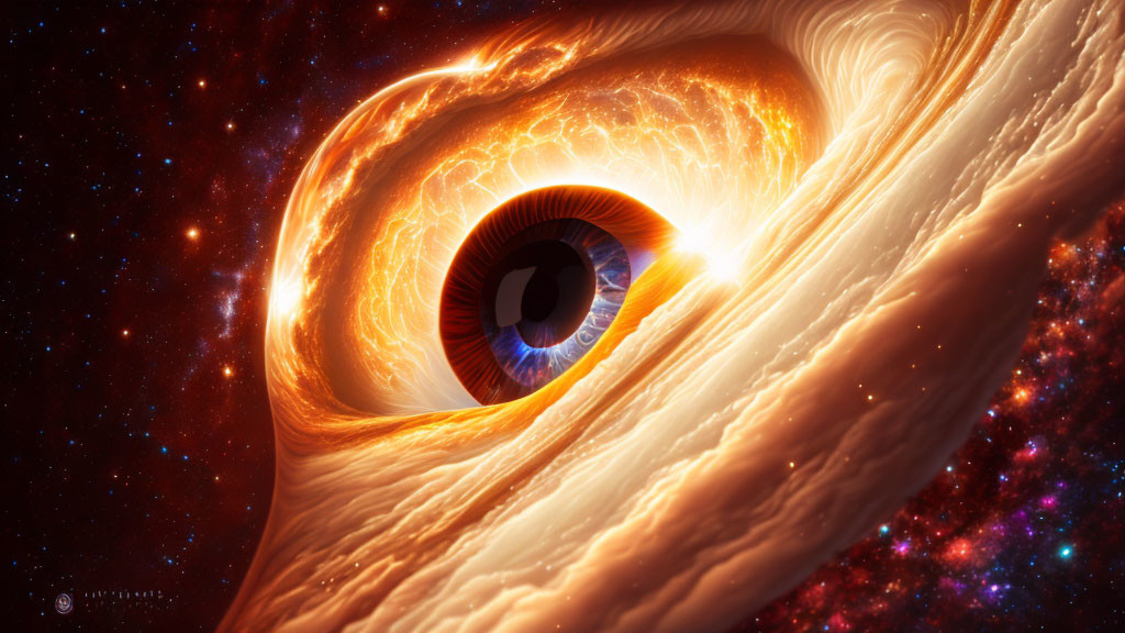 Surreal human eye in fiery cosmic clouds and starry space.