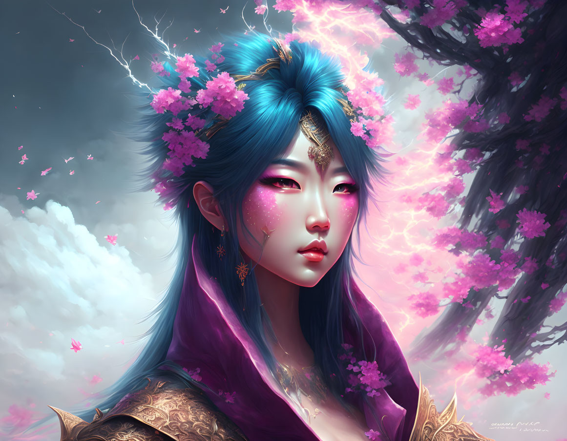 Blue-haired female figure with pink blossoms and gold accessory in dreamy floral setting.