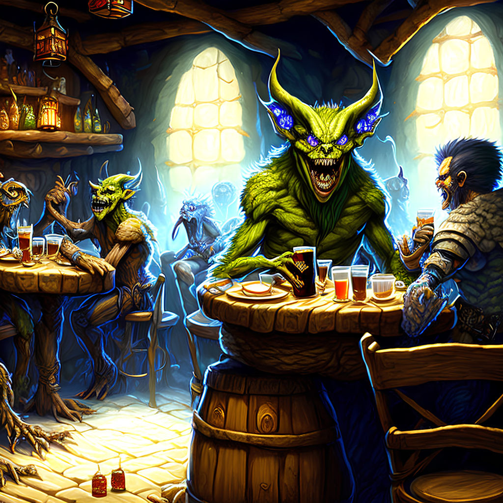 Fantasy goblins and orcs gather in torch-lit tavern