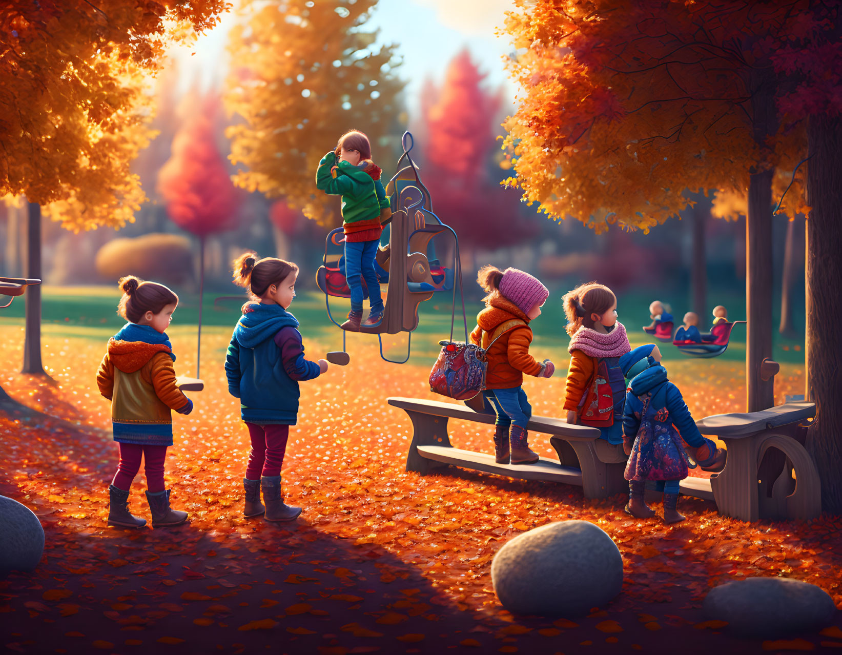 Children playing on slide in vibrant autumn park scene