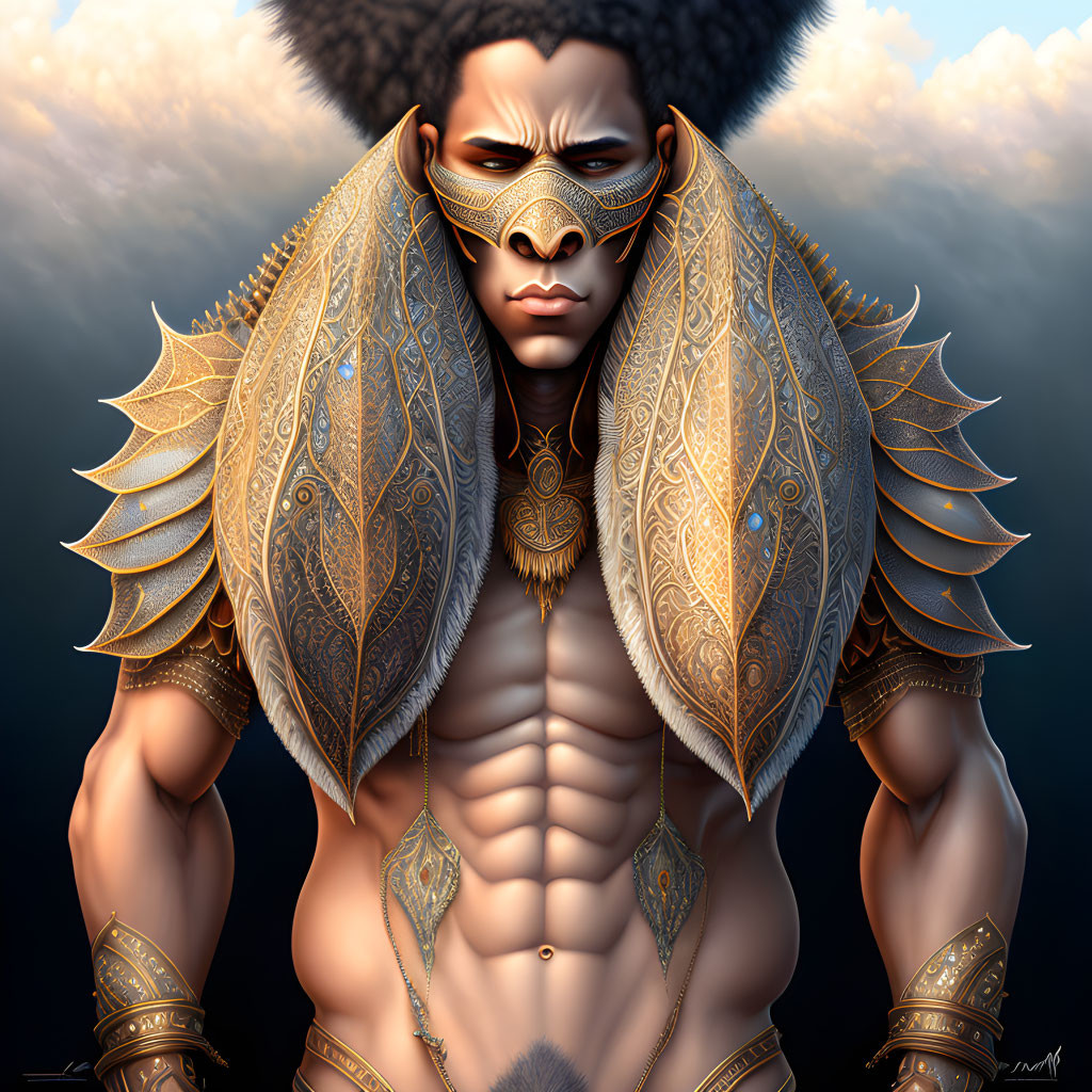 Digital artwork: Person in golden armor with tribal face paint on cloud-filled backdrop