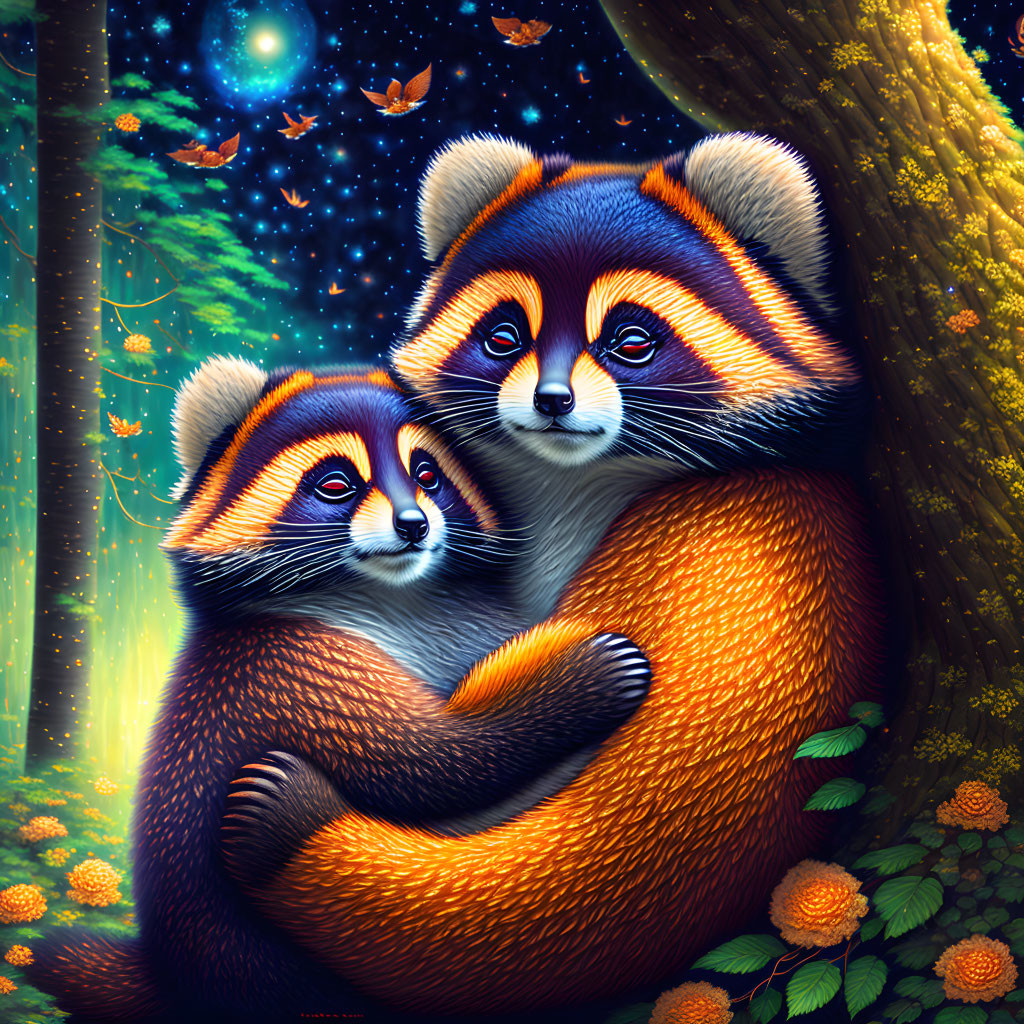 Illustrated red pandas cuddle in vibrant nature scene