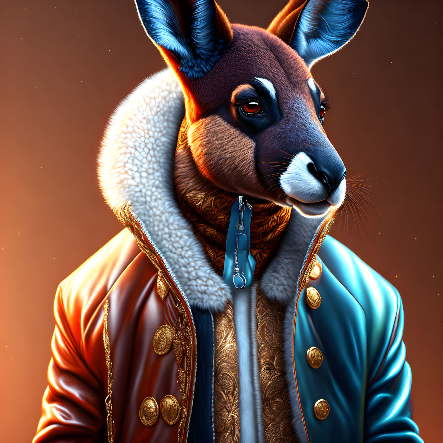 Anthropomorphic kangaroo in stylish leather jacket on warm background