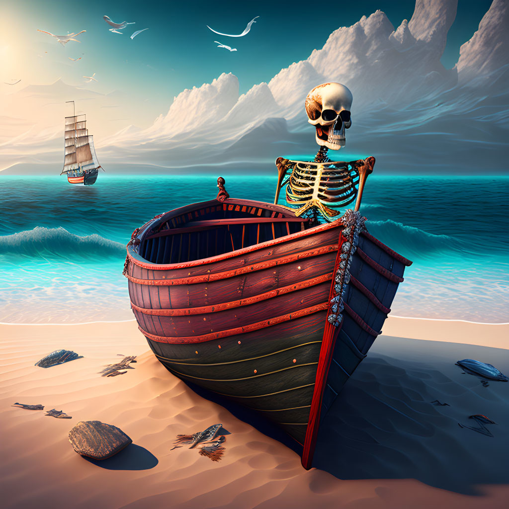 Skeleton in rowboat on beach with ship and seagulls in surreal sky