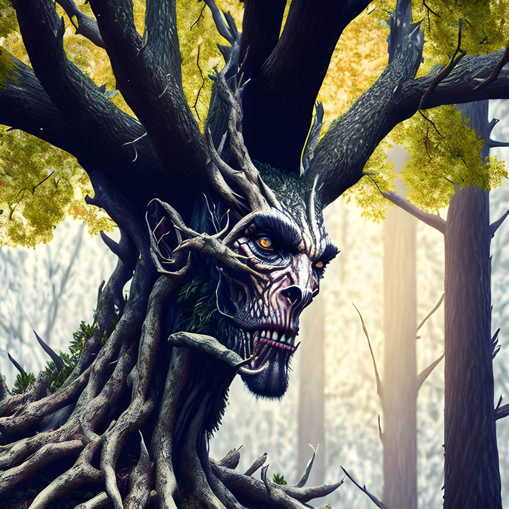 Fantastical tree with human-like face in enchanted forest