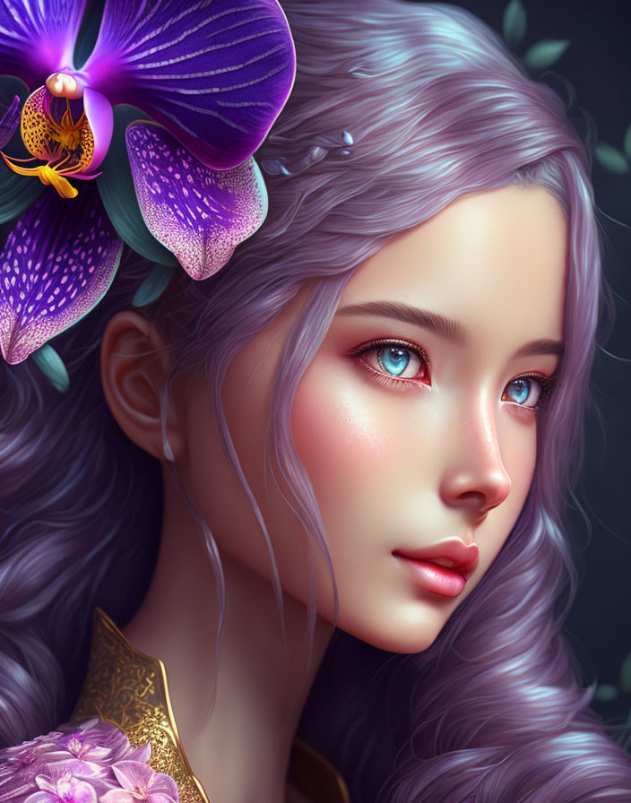 Digital Artwork: Woman with Lilac Hair and Blue Eyes Adorned with Purple Orchid Flowers