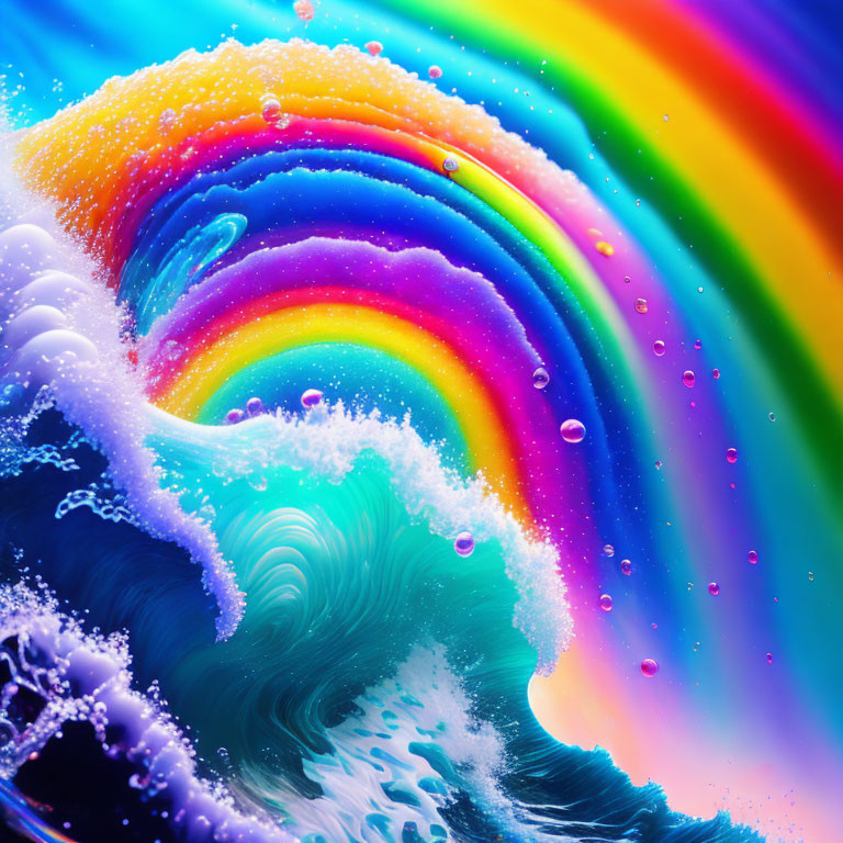 Colorful Digital Art: Swirling Blue Wave with Rainbow Arch