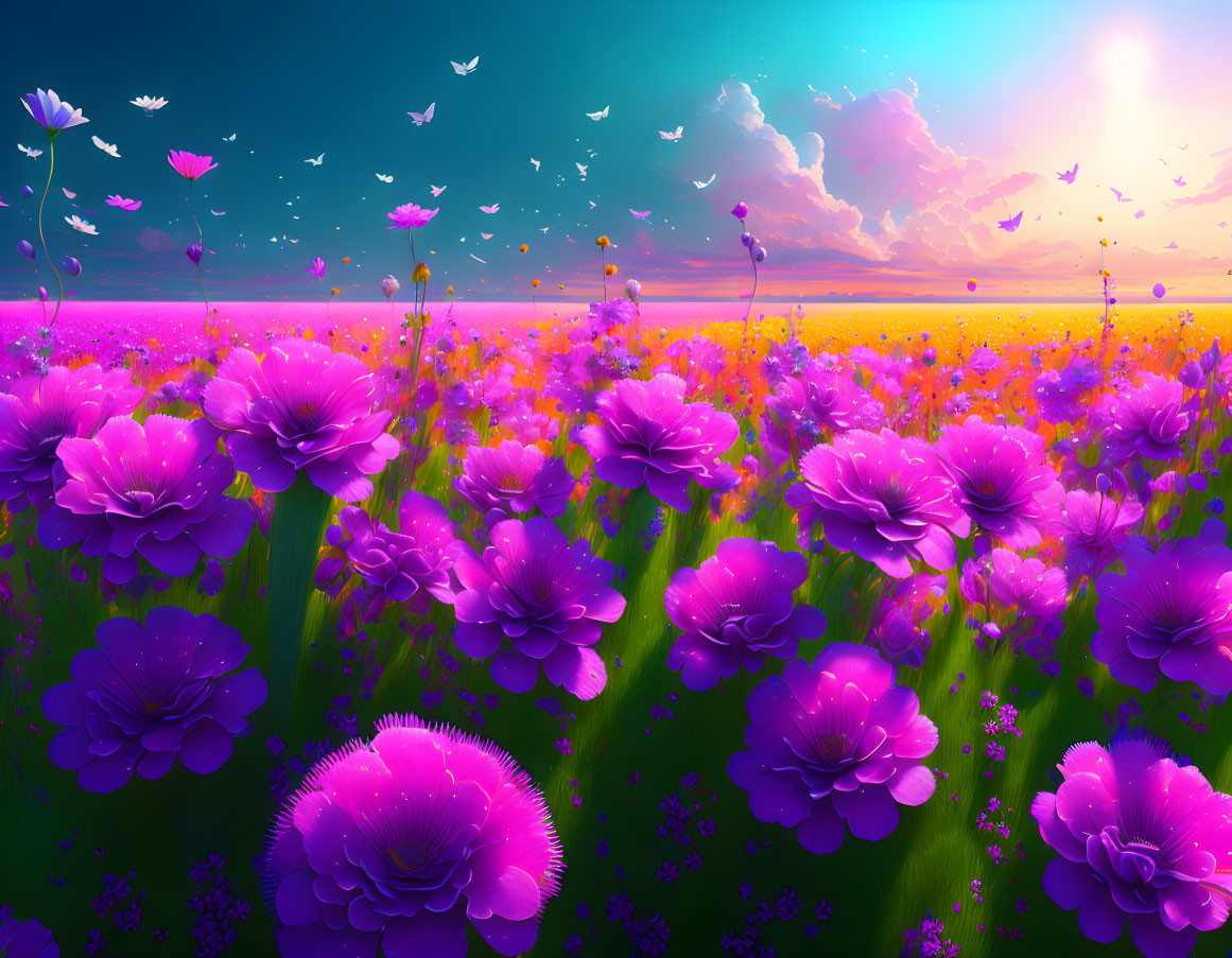 Sunset sky with purple and pink flowers, birds, and clouds