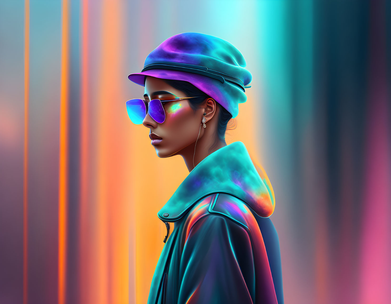 Profile of stylish person in reflective cap and sunglasses with neon lights background