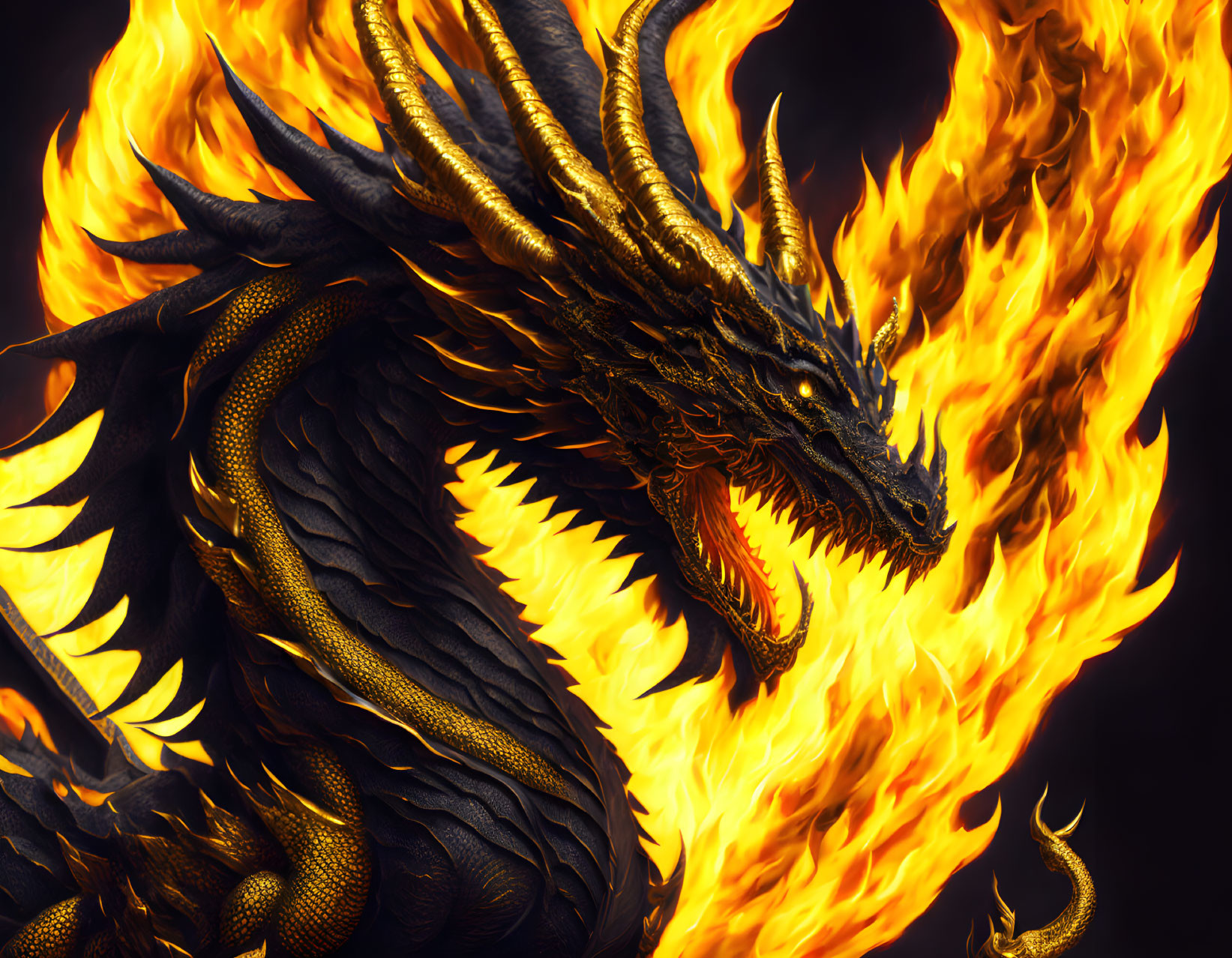 Digital Artwork: Black and Gold Dragon in Fiery Flames