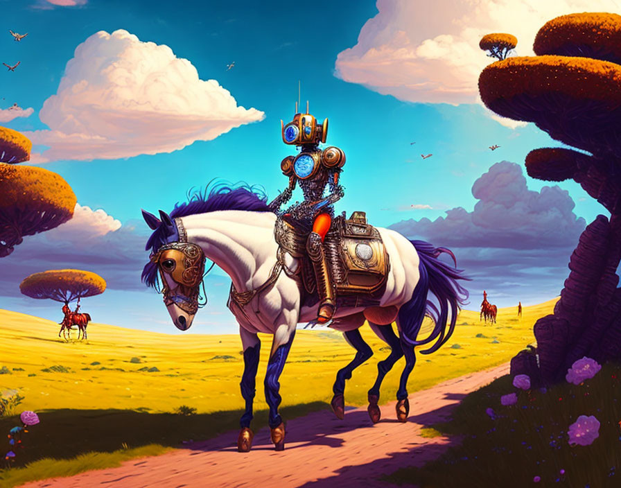 Robot riding white horse in surreal landscape with floating islands and mushroom trees