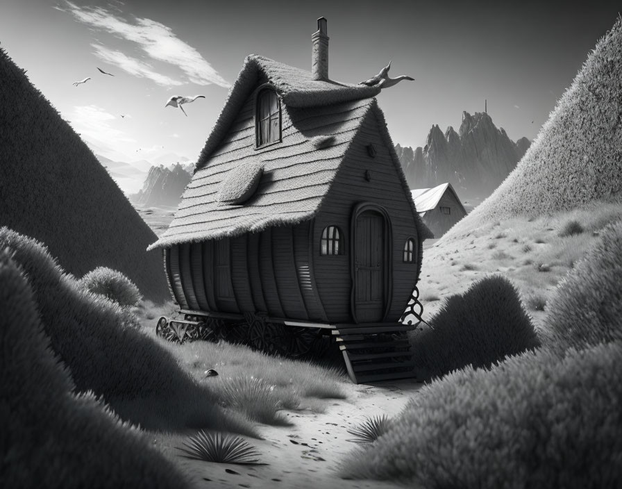 Monochrome whimsical illustration of a mobile wooden house in a natural landscape