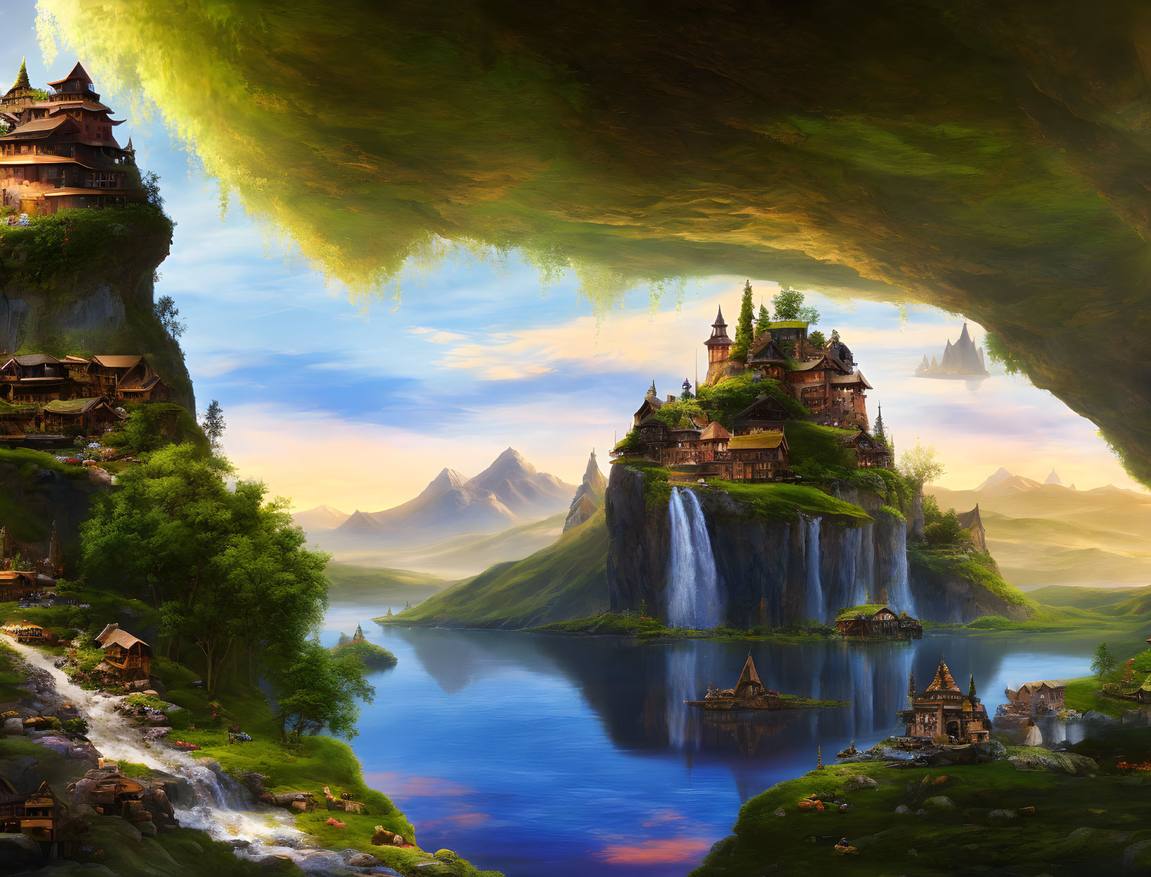 Fantastical floating island with lush green underside, waterfalls, lakes, mountains, and cliffside