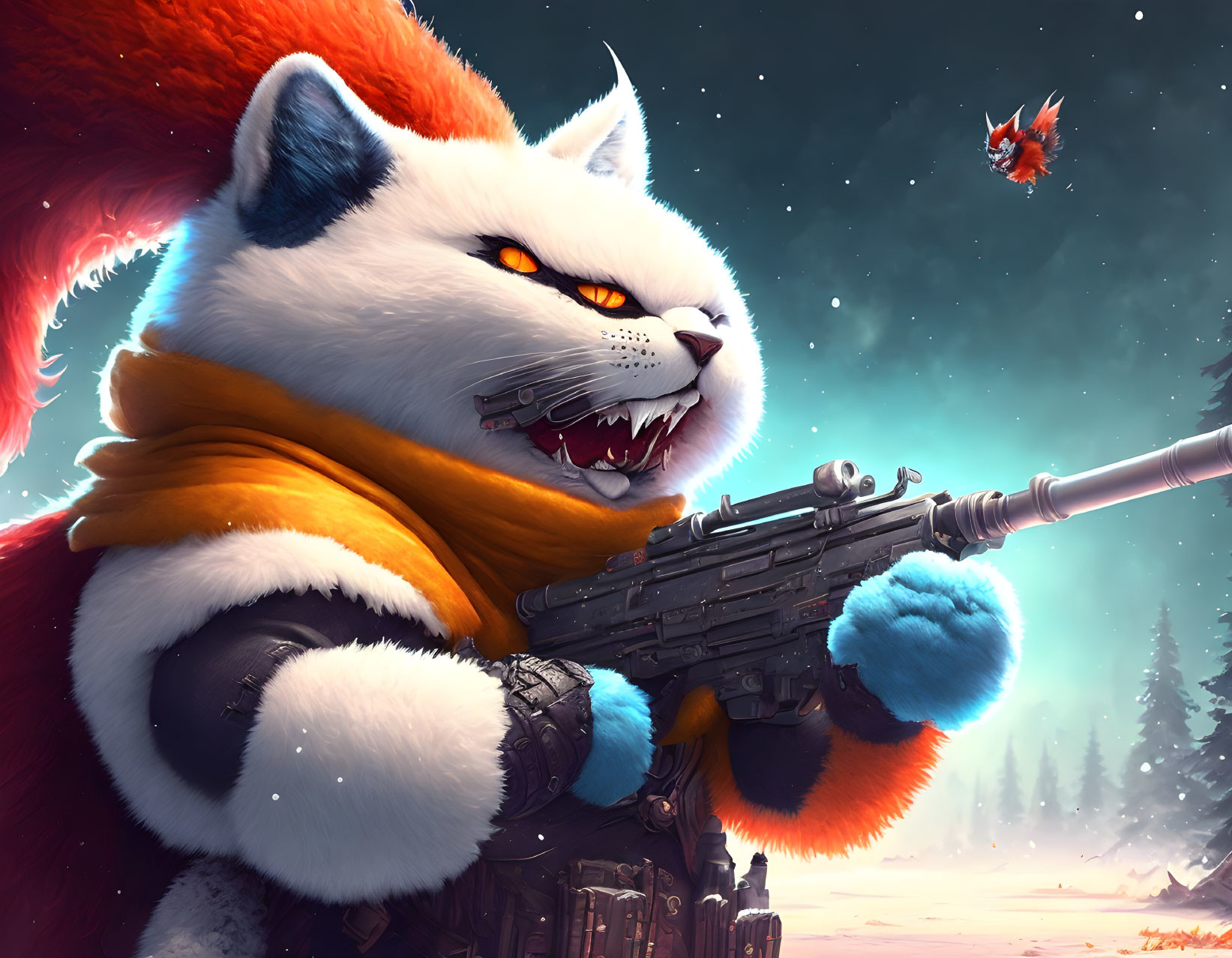 Anthropomorphic warrior cat with rifle, armor, scarf, and bird companion under night sky