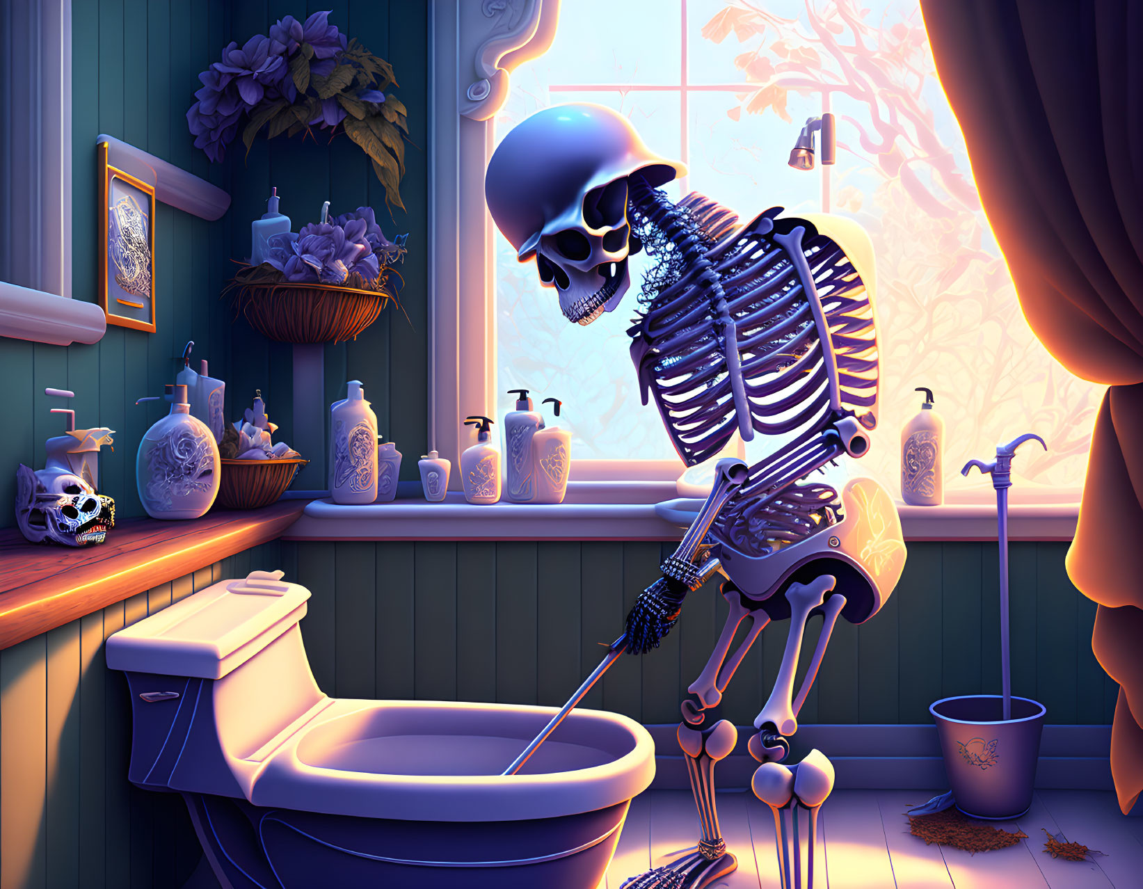 Skeleton cleaning toilet in blue bathroom with window, plants, and toiletries