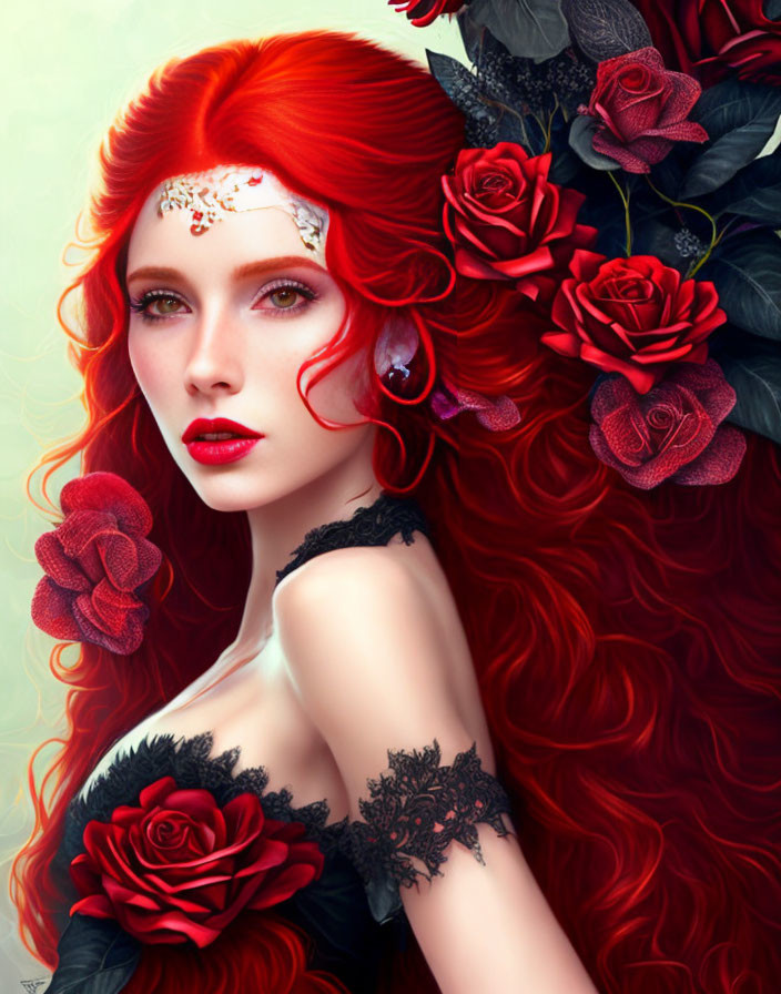 Digital artwork featuring woman with vibrant red hair, dark roses, lace details, and gold forehead embellishment