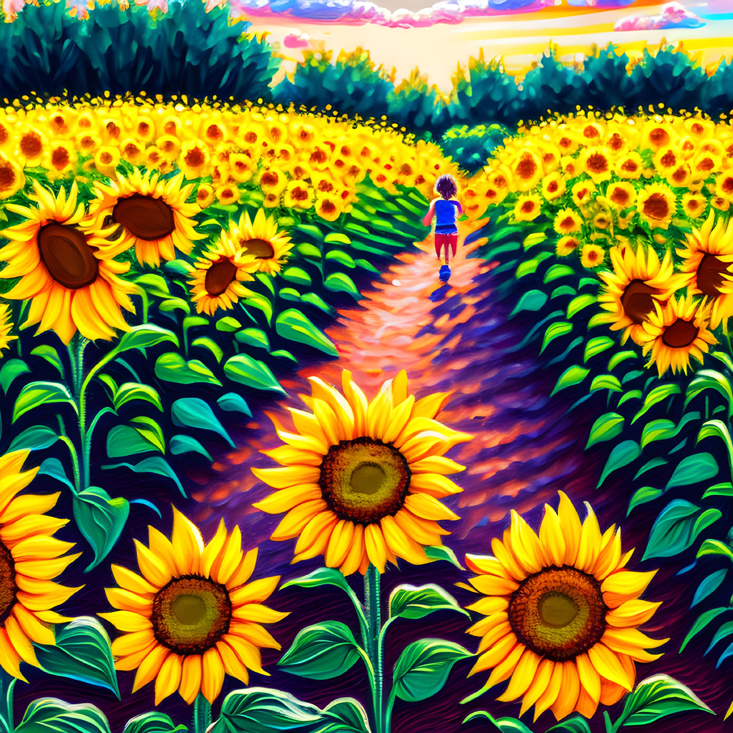 Person Walking Through Vibrant Sunflower Field at Sunset