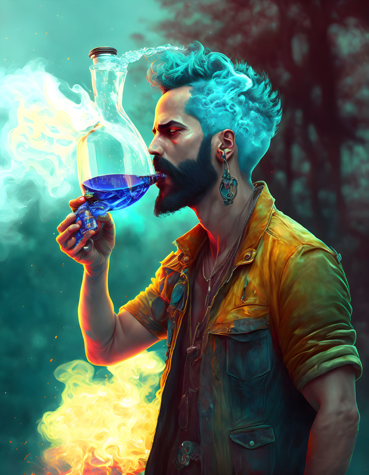 Bearded man with blue smoke and glowing potion in mystical forest