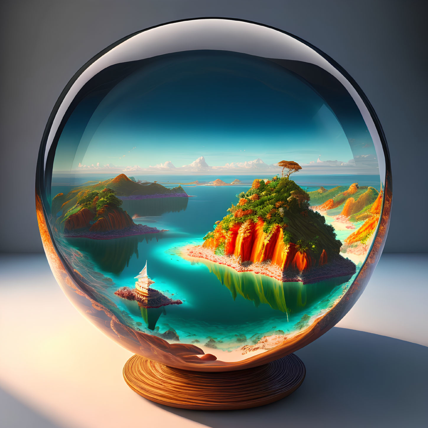 Serenity landscape in crystal ball with islands, sailboat, waters, mountains at sunset