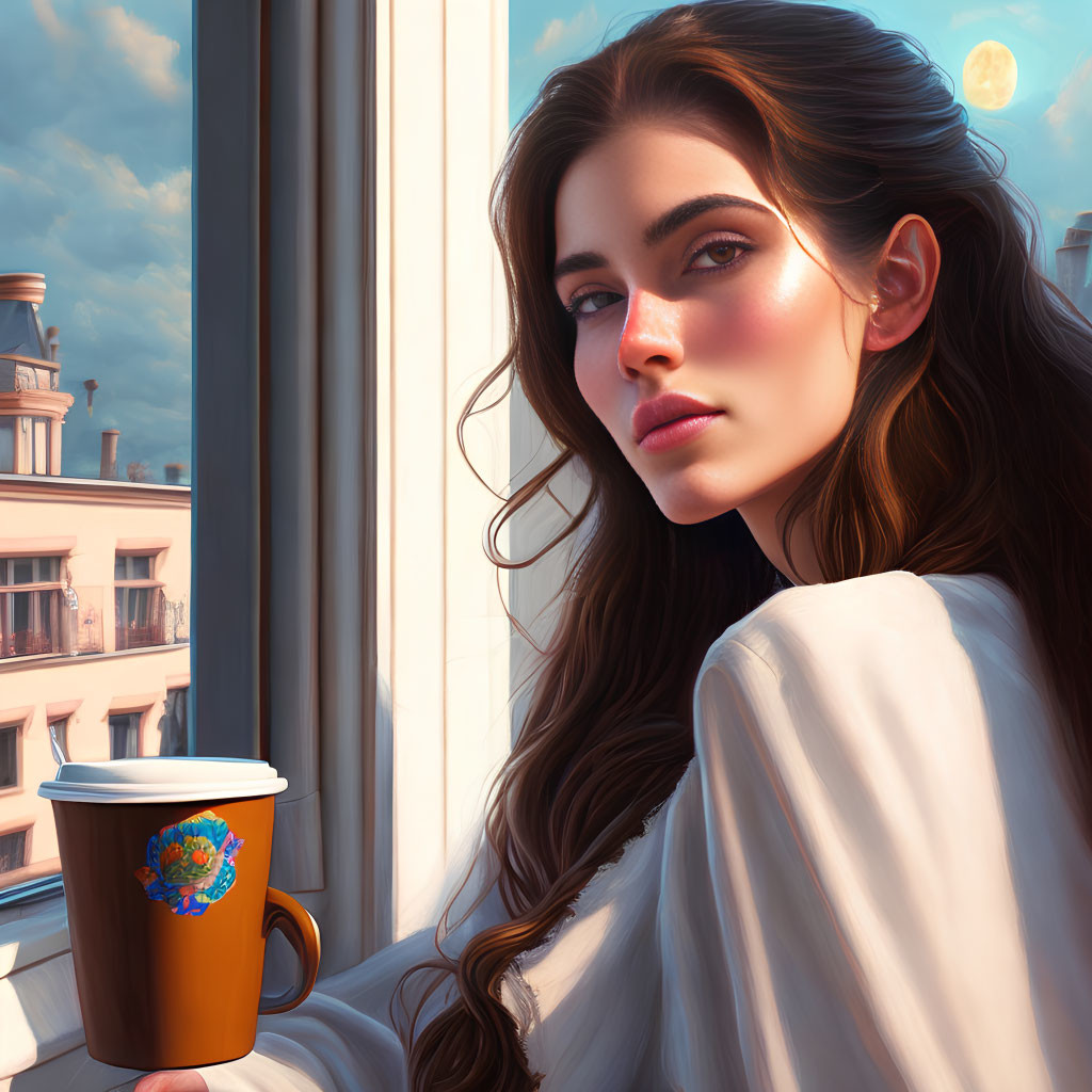 Dark-haired woman with coffee cup in sunlight by city window.