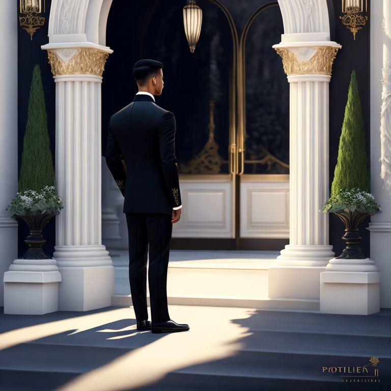 Sophisticated man in suit by elegant doorway with columns and lantern