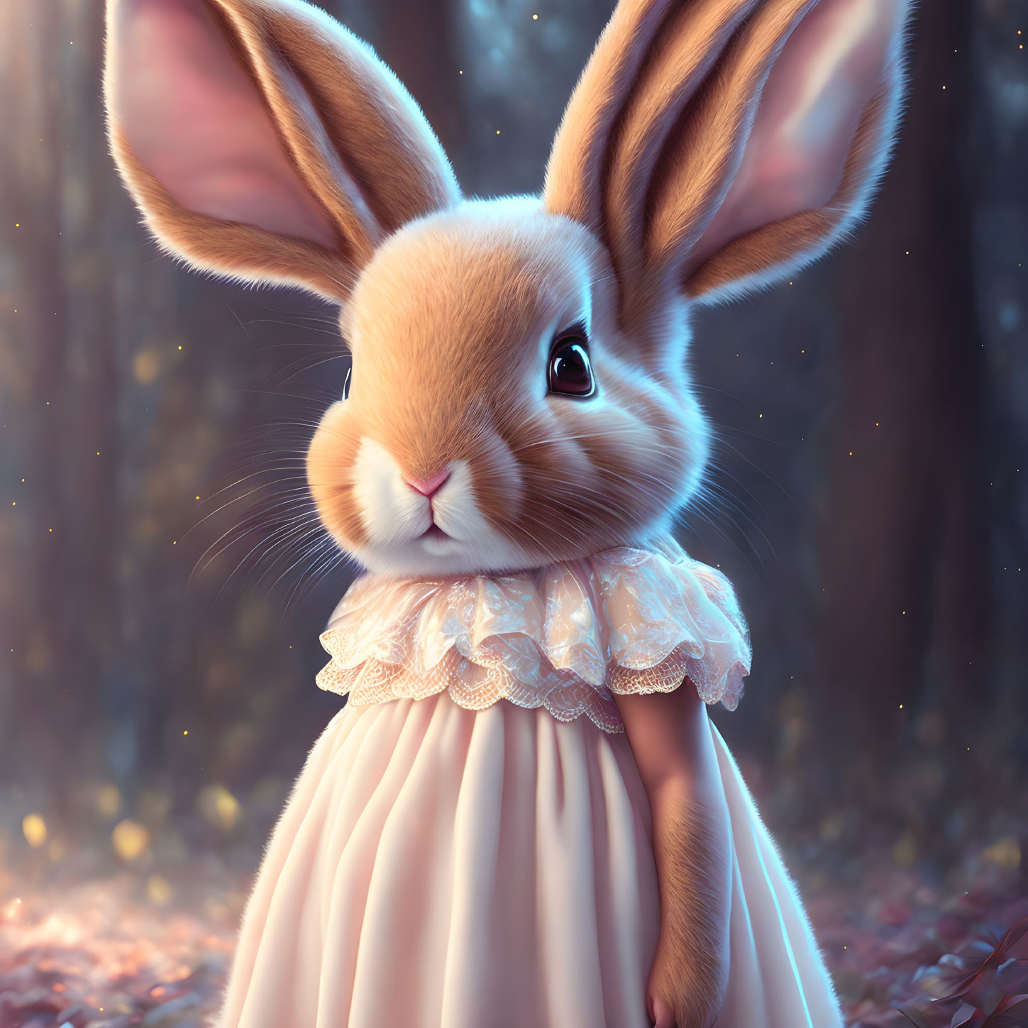 Anthropomorphic rabbit in lace dress in magical forest