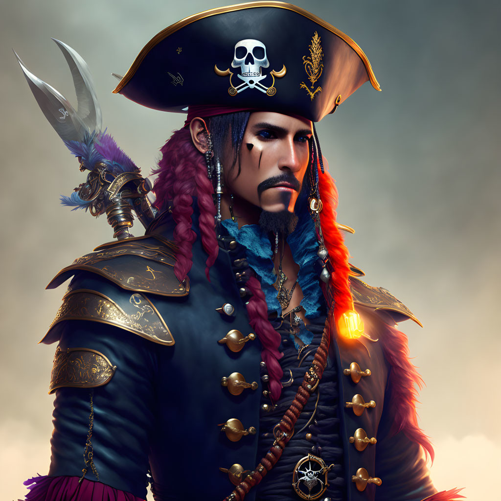 Pirate illustration with tricorne hat and intense gaze