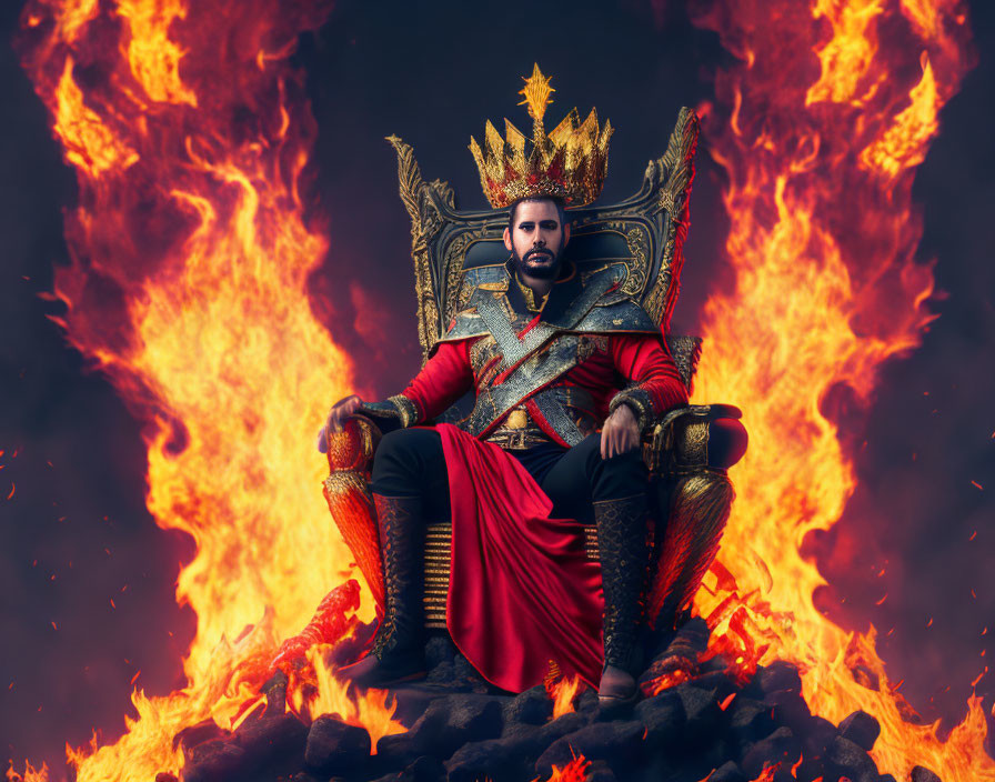 Regal figure on flaming throne in red and gold armor