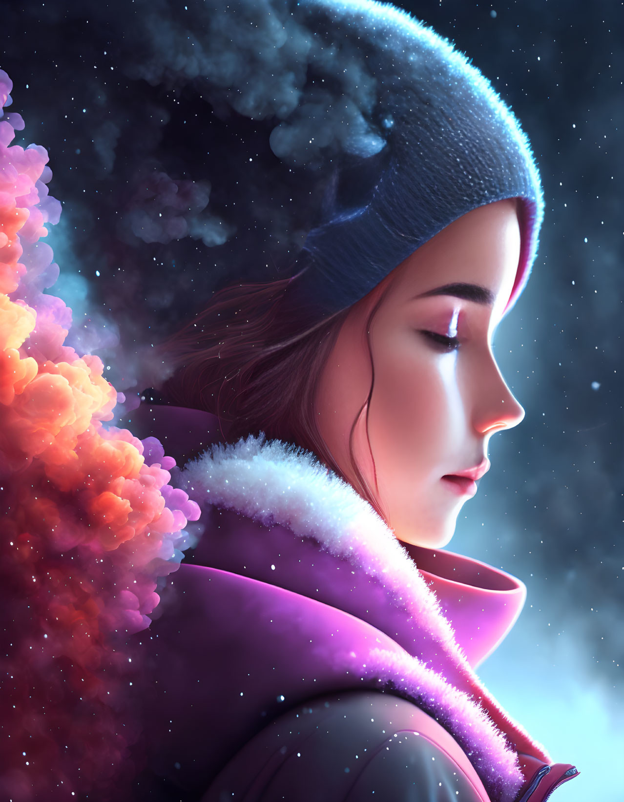 Woman in winter hat and jacket against cosmic backdrop