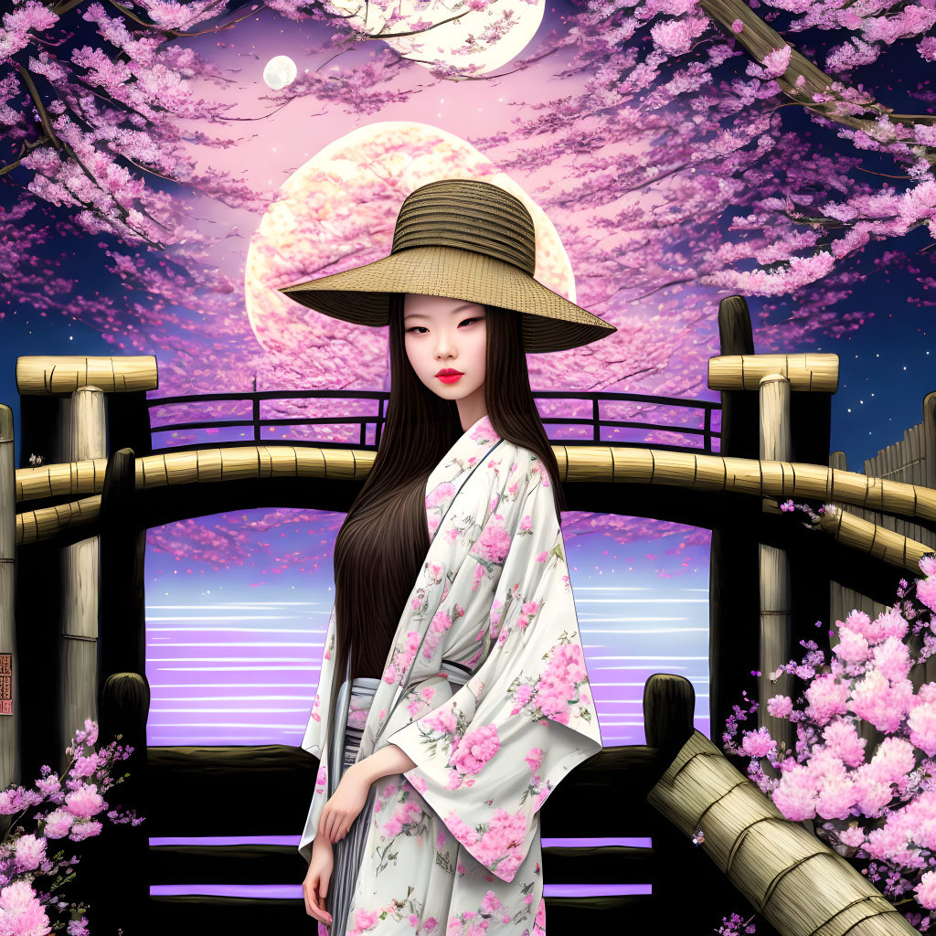 Woman in floral kimono and hat by moonlit sakura blossom bridge