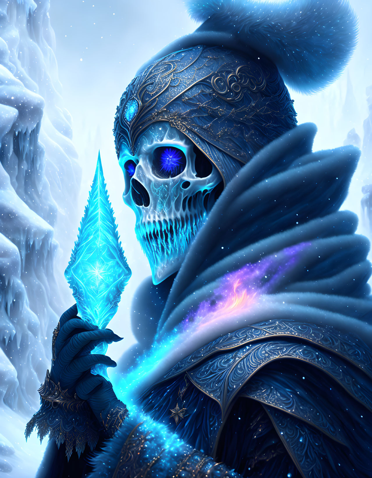 Ethereal skeletal figure in ornate blue armor with ice crystal on snowy background
