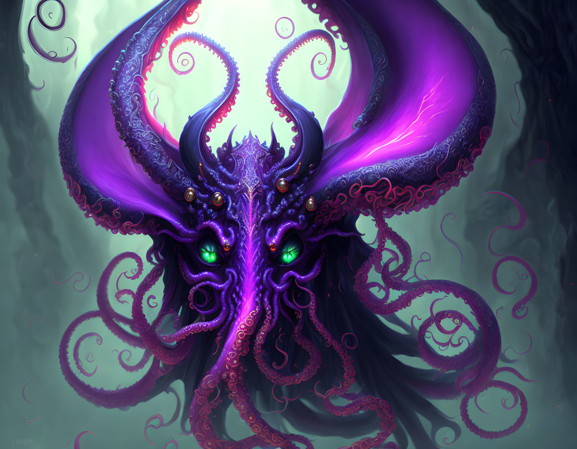Colorful mythical octopus with glowing eyes and vibrant tentacles in teal aquatic setting