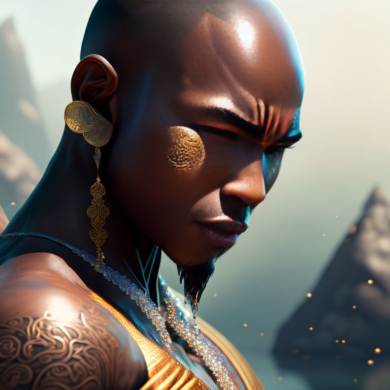 Digital artwork featuring bald figure with gold earrings, tattoos, and mystical backdrop