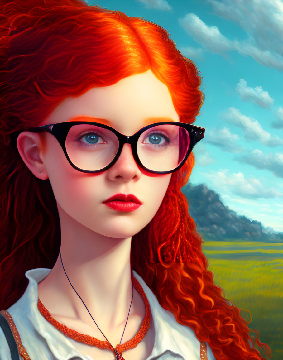 Vibrant digital portrait of woman with red hair and glasses in scenic landscape