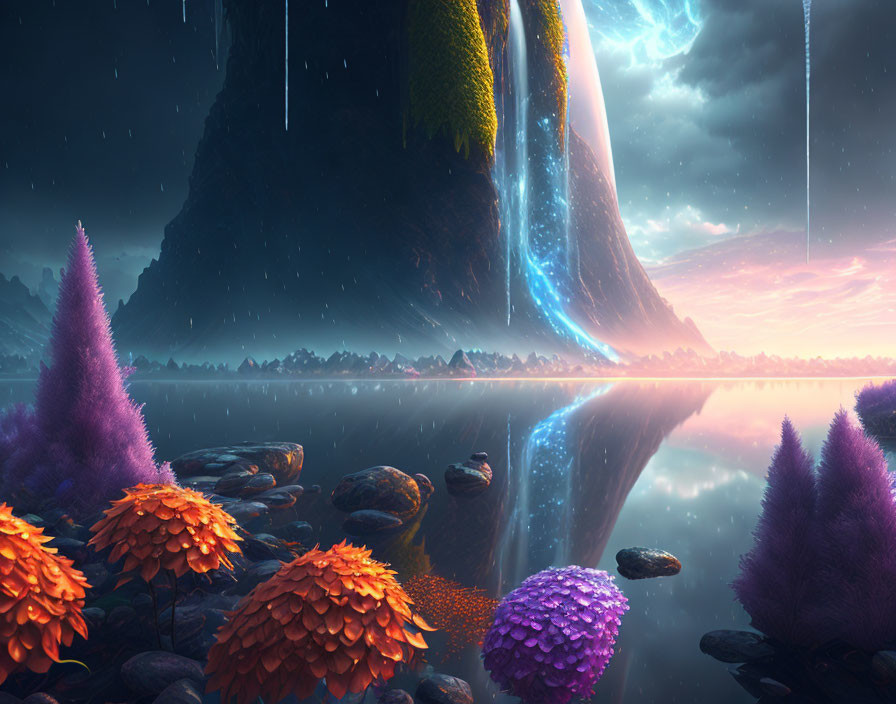 Colorful Flora and Waterfalls in Fantastical Twilight Landscape