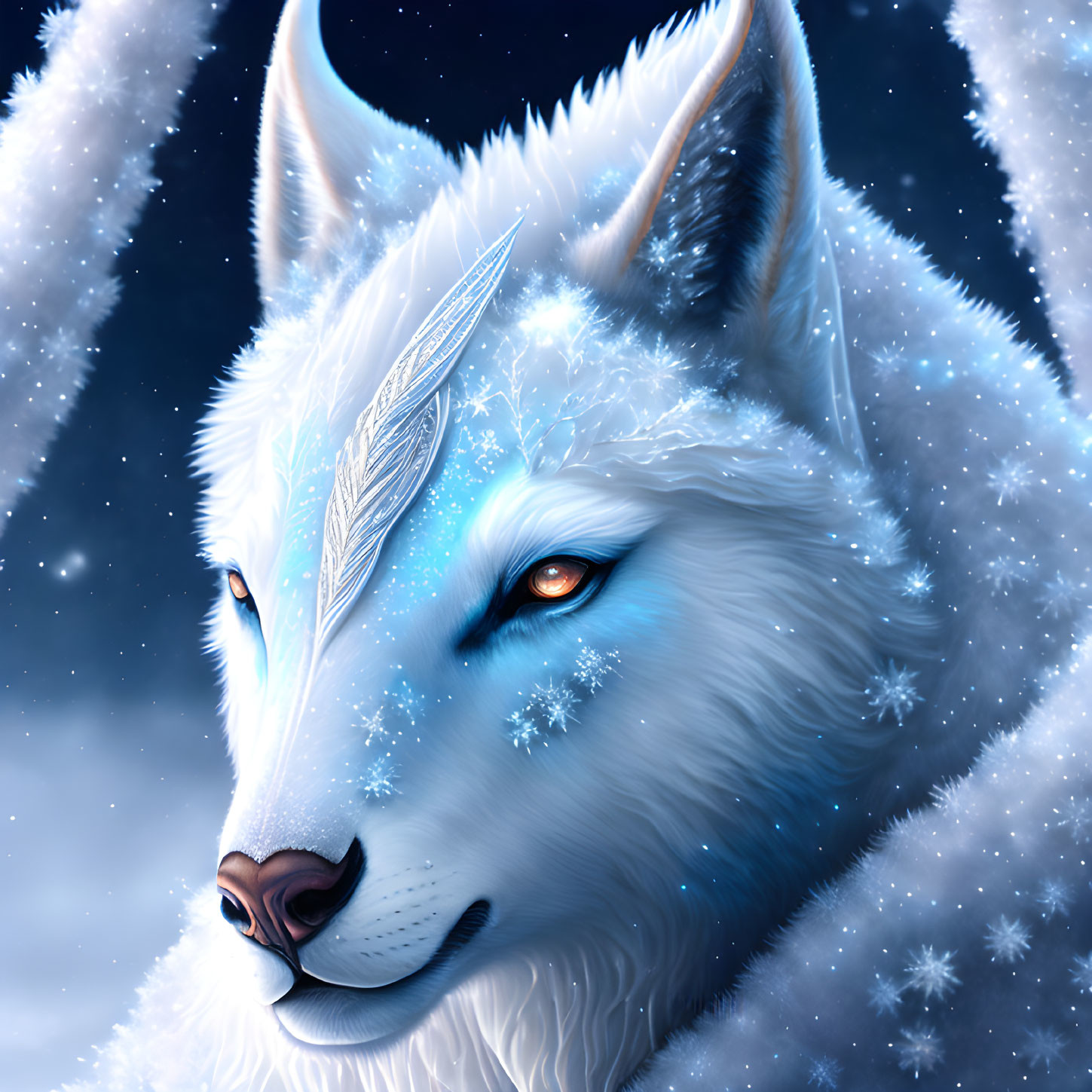 Majestic white wolf with glowing amber eyes and silver feather in mystical snow scene