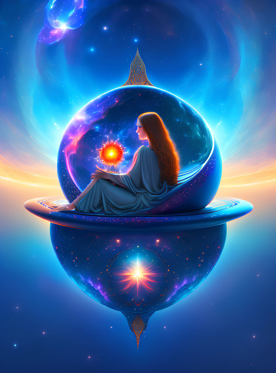 Woman sitting in reflective bubble with glowing orb against cosmic background