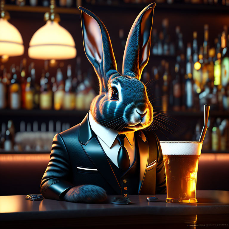 Anthropomorphic rabbit in a suit enjoying a pint at a cozy bar