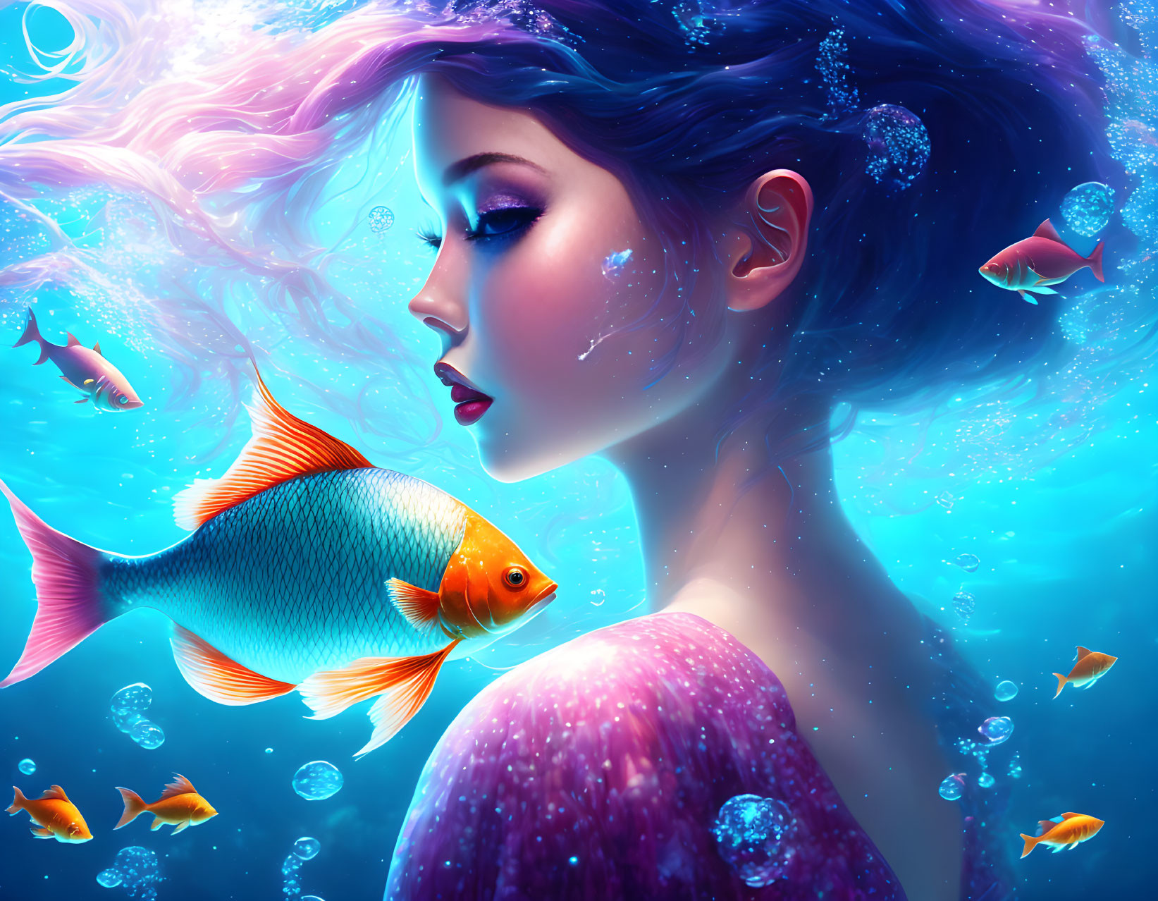 Woman submerged underwater with vibrant fish, adorned with ethereal qualities