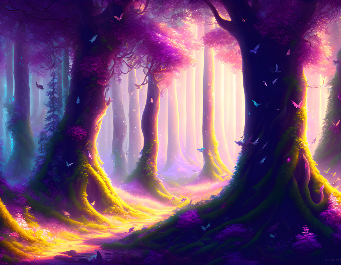 Vibrant purple foliage in mystical forest with towering trees