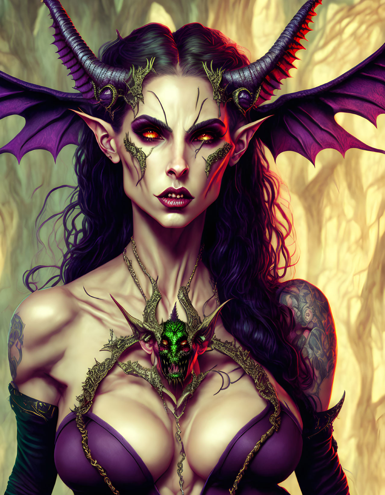 Female fantasy creature with horns, dragon wings, red eyes, and tattoos in fiery setting