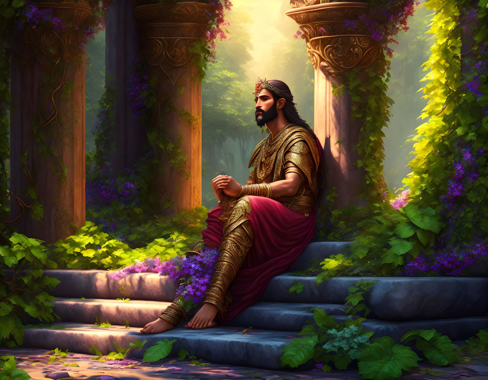Regal figure in traditional attire on ancient stone steps in lush forest.